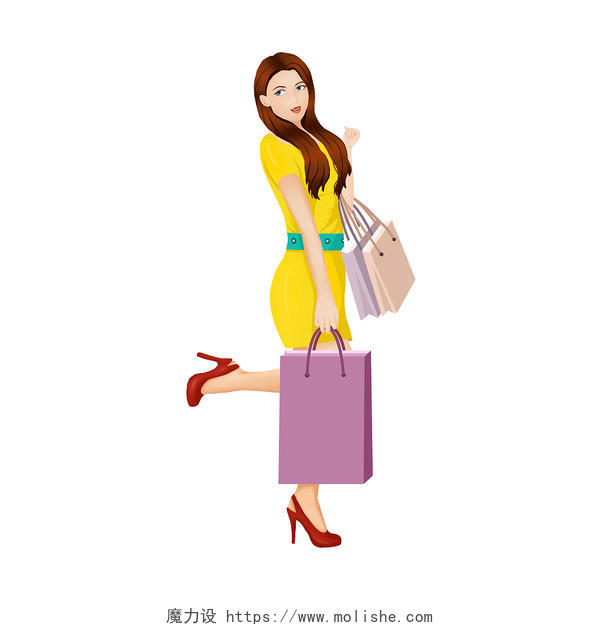 开心女人手拿购物袋购物人物元素旅行逛街PNG素材购物元素